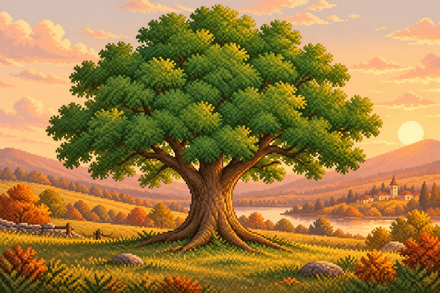 A golden meadow and green tree