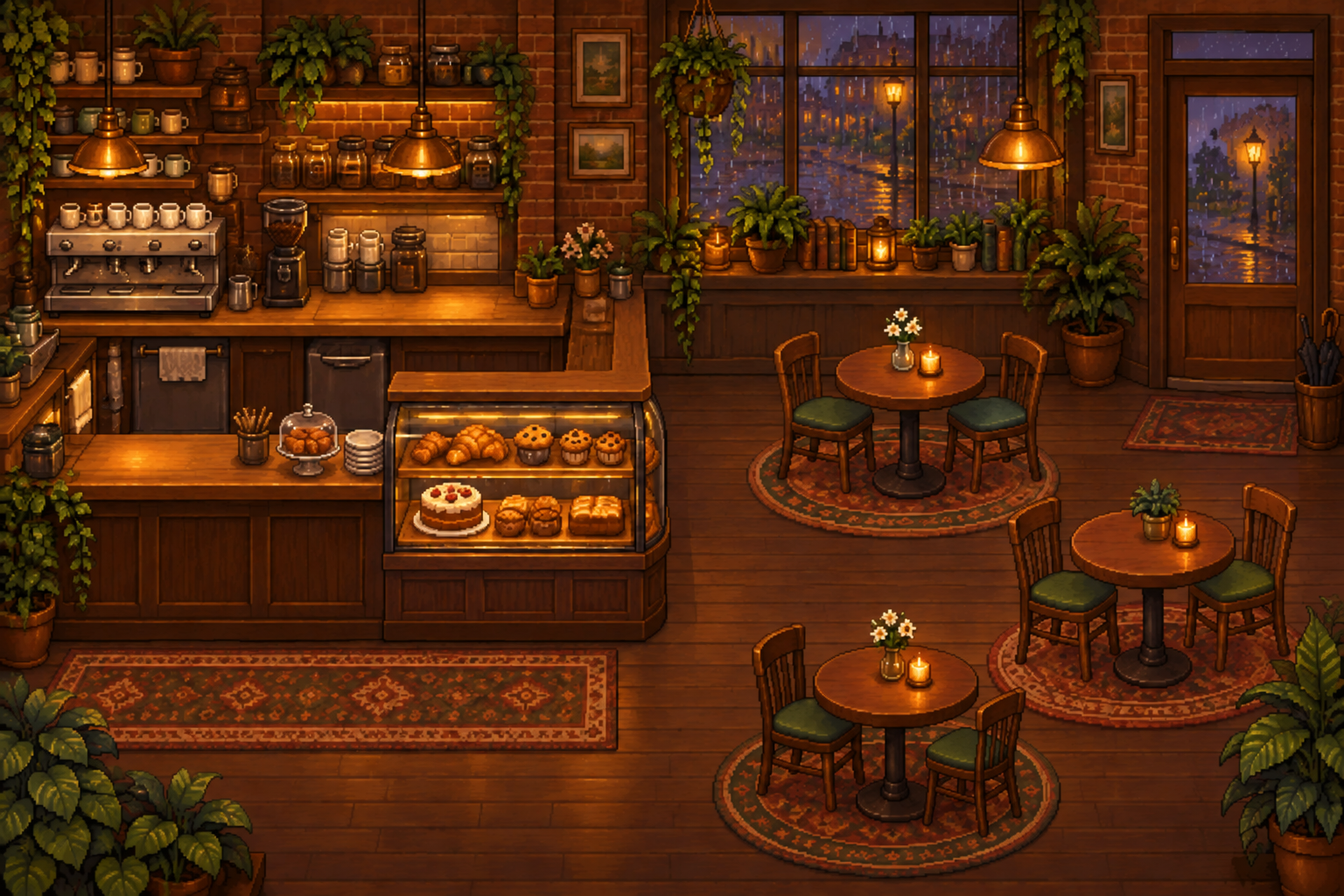 A candlelit pixel café