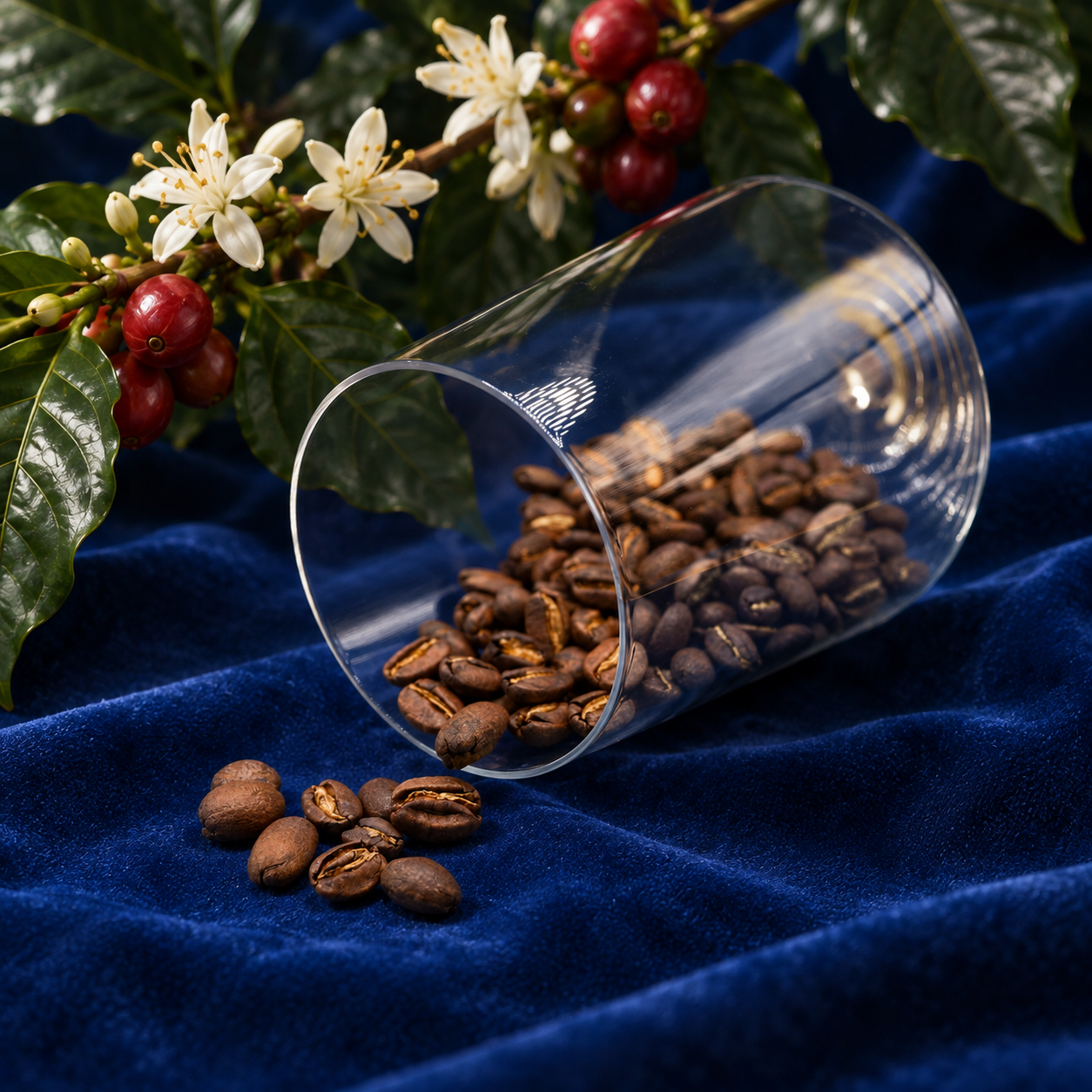 Geisha coffee beans spilling from a glass onto royal-blue velvet, framed by coffee blossoms and red cherries